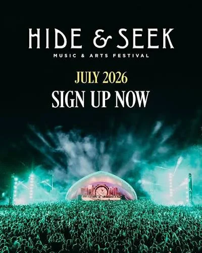 Festival sign-up ad for Hide and Seek music and arts festival, July 2026