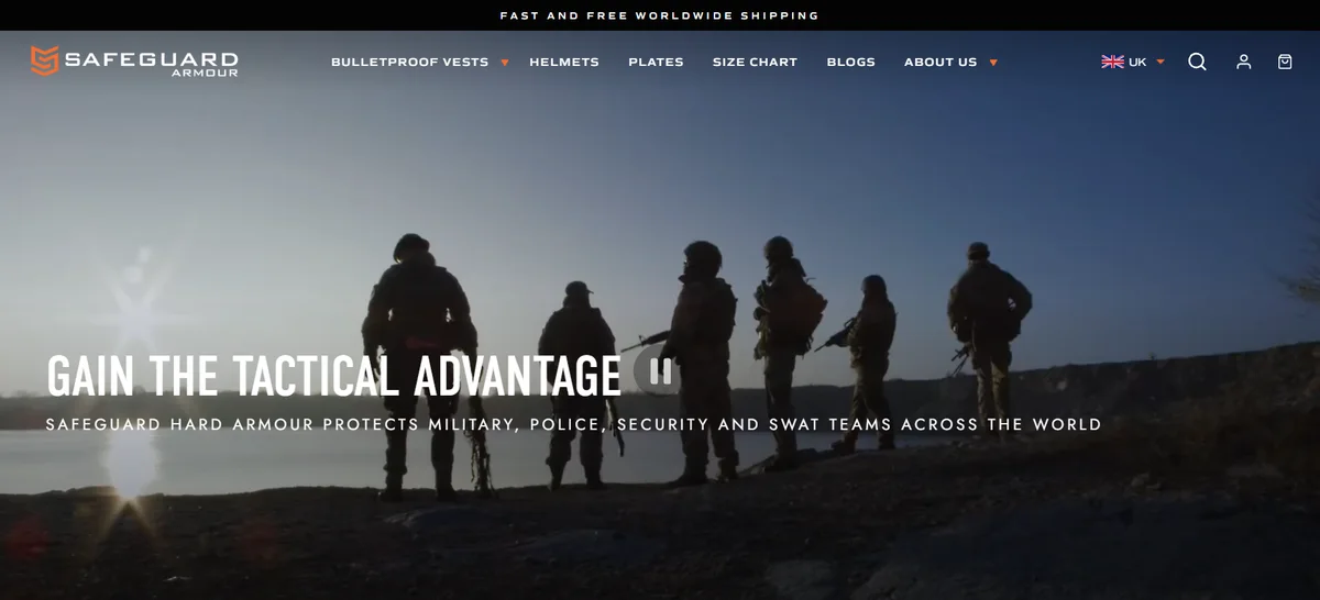 Safeguard Armour ecommerce website home page with soldiers silhouetted at dusk, ecommerce marketing by Anthony McGrath