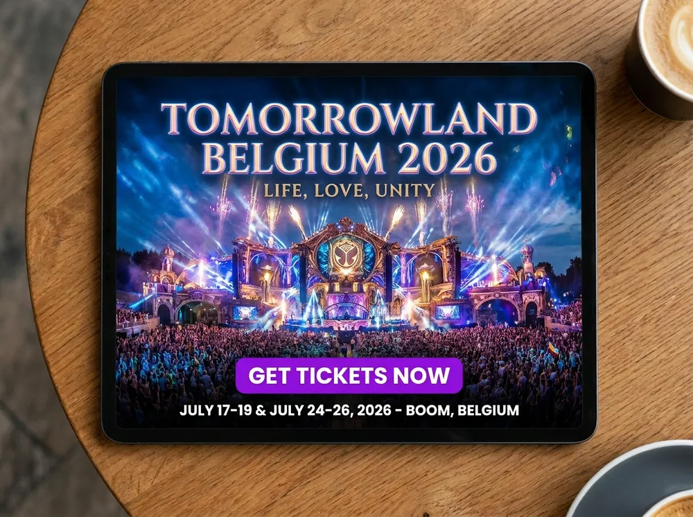 Event ticket ad for Tomorrowland Belgium 2026 shown on a tablet