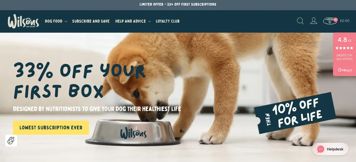 Wilsons dog food ecommerce website with a 33% off first box subscription offer